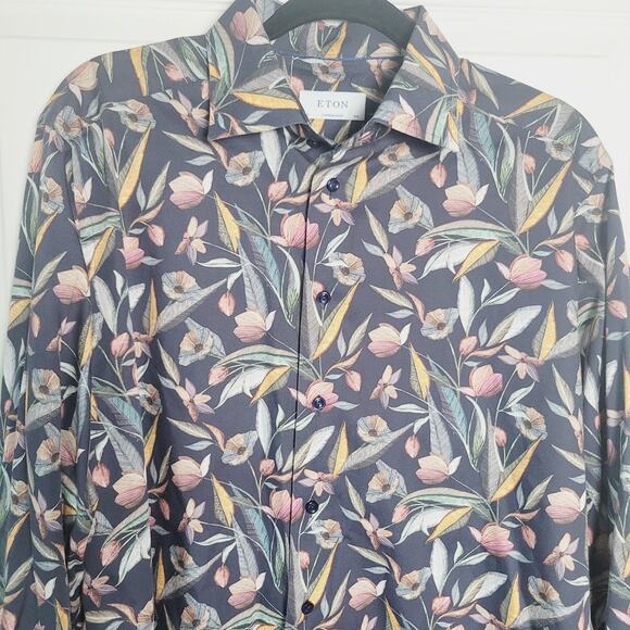 Eton Shirt Mens 16.5 42 Gray Floral Print Long Sleeve Button Front Contemporary - Picture 2 of 8